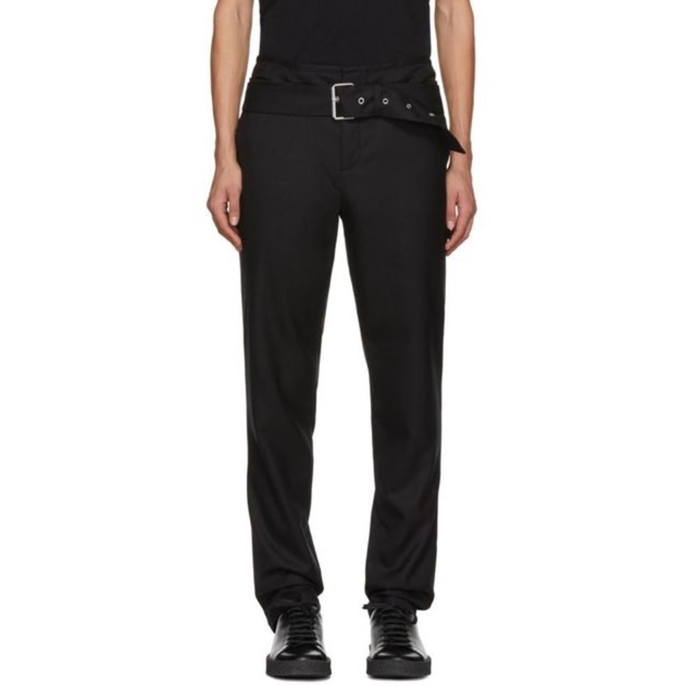 Helmut Lang black wool double waistband buckle belt trousers